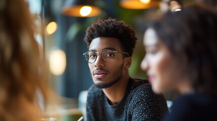 Poster - Young Man in Glasses in Modern Café Setting