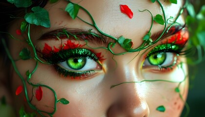 Enchanting close-up of a woman’s green eyes adorned with vibrant red makeup, set against a backdrop of lush green flora and delicate vines