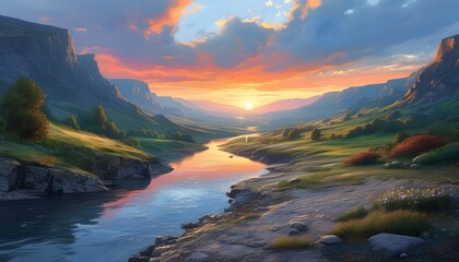 Wall Mural - Whimsical sunset river valley infused with grungy textures and fantasy elements, a contemporary illustration of creative serenity and vibrant flow