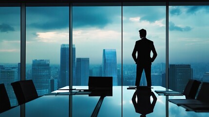 Poster - Businessman Silhouette in Modern Office at Dusk