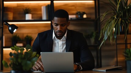 Wall Mural - Professional Man Working on Laptop in Modern Office