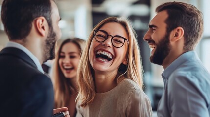 Wall Mural - Joyful Moments Among Friends in Modern Office Setting