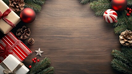 A wooden background with a red star and a red and white gift box