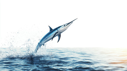 Wall Mural - A majestic marlin leaps out of the ocean, creating an impressive splash against the clear blue water under a bright, sunny sky.