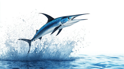 A vibrant marlin leaping out of the ocean, creating a dramatic splash against a white background.