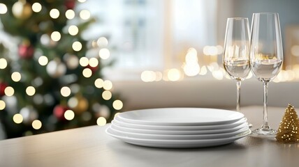 A Christmas tree with a white plate and two wine glasses on a table