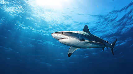 Wall Mural - A majestic great white shark glides gracefully underwater in a serene blue ocean, illuminated by rays of sunlight filtering through the waves.