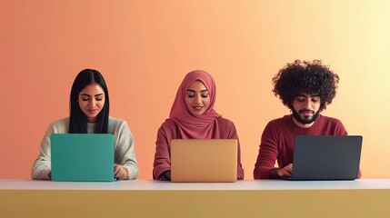 Poster - Diverse Group Working on Laptops in Modern Workspace