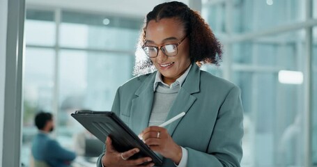 Poster - Happy woman, business and writing with tablet for schedule planning, task or project at office. Female person or employee with smile taking notes on technology for digital innovation at workplace