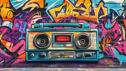 Wall Mural - A boombox radio cassette tape recorder set against a vibrant graffiti wall art backdrop, capturing the essence of urban culture and retro music vibes. Graffiti Tags. Illustration