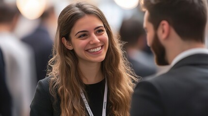 Canvas Print - Smiling Woman Engaging in Conversation at Event