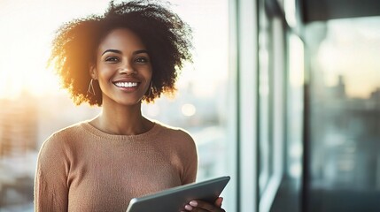 Wall Mural - Young Woman Smiling with Tablet in Bright Environment