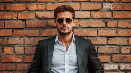 Poster - Stylish Man in Sunglasses Against Brick Wall