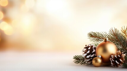 Poster - A gold ornament is surrounded by pine cones and sits on a white background