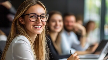 Sticker - Professional Woman in Modern Office Smiling