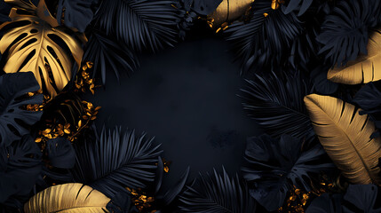 An abstract frame of black and gold palm leaves and tropical leaves, harmonizing with nature in a junglepunk style. Chiaroscuro. Illustration