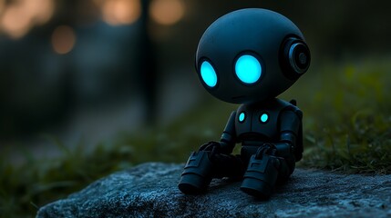 A small, gray robot with blue glowing eyes sits on a rock, in a lush green forest setting.