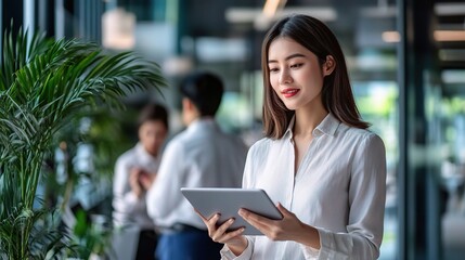 Wall Mural - Businesswoman Using Tablet in Modern Office Space