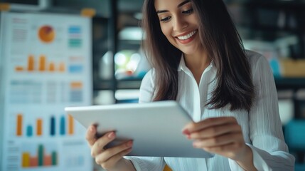 Wall Mural - Professional Woman Using Tablet in Modern Office Setting