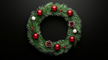 Poster - A wreath with red and white balls and pine cones on a black background