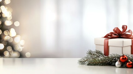 Poster - A white box with a red ribbon sits on a table next to a Christmas tree