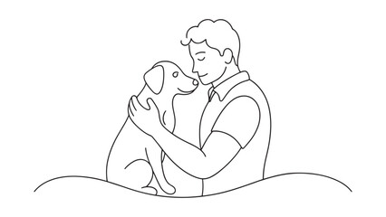 Wall Mural - man embraces a dog in a heartfelt drawing continuous line art flat vector illustration on white background