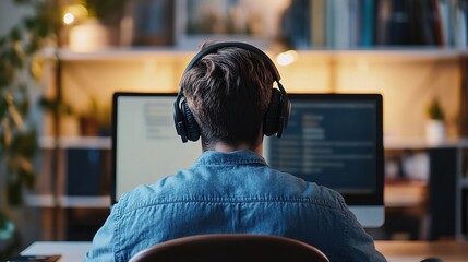 Canvas Print - Person Using Headphones in Home Office Workspace