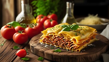 Wall Mural - Rustic Italian Lasagna Accompanied by Fresh Tomatoes and Herbs on Wooden Board in Warm Evening Light, Ideal for Comfort Food Photography and Blog Features