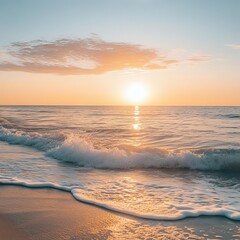 Wall Mural - The sun is setting over the ocean, casting a warm glow on the water