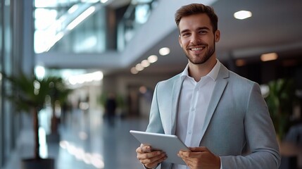 Sticker - Confident Man Holding Tablet in Modern Indoor Space