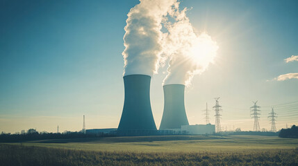 A nuclear power plant with two cooling towers emitting steam on a sunny day, with clear skies and a landscape of grassy fields and power lines in the distance.