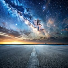 A long, empty asphalt road with a white dividing line stretches towards a distant mountain range, beneath a breathtaking night sky filled with stars and a cloudy Milky Way