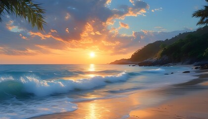 Wall Mural - Serene Beach Sunrise with Gentle Waves and Warm Sunlight, Ideal Getaway for Nature Enthusiasts and Relaxation, Captivating Sea and Sky Travel Inspiration