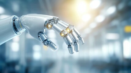 A robot hand is shown in a white room with a bright light shining on it