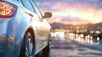 A silver car is parked on a road with a city skyline in the background