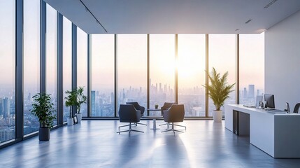 Wall Mural - Modern Office with Skyline View at Sunset