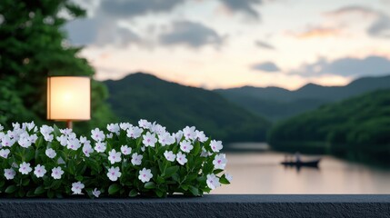 Wall Mural - Tranquil Lake Sunset Landscape with White Flowers and Lamp