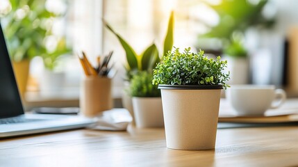 Poster - Lush Green Plant on a Wooden Desk With Soft Light