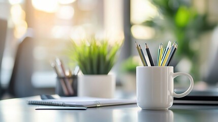 Sticker - Bright Workspace with Pencils and Greenery