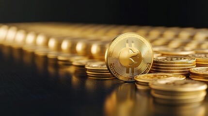 Poster - Golden Coin on Table with Background of Coins