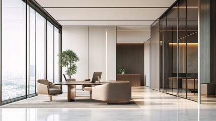 Poster - Modern Office Interior with Large Windows and Minimal Design