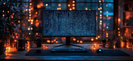 A computer monitor with a blue screen and a keyboard on a desk with fairy lights.