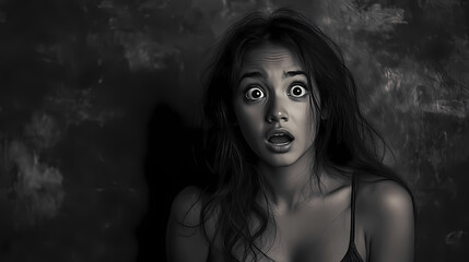 Expressive portrait of a tall brown-skin young latina woman with a surprised look - dark and moody monochrome photography gen ai. Chiaroscuro. Illustration