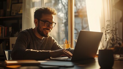 Sticker - Man Working at Desk with Laptop in Soft Light