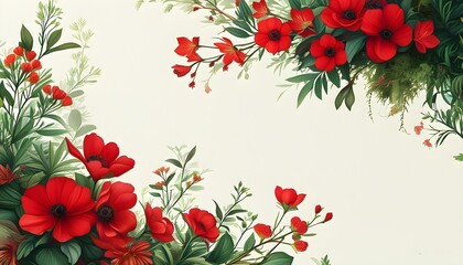 Wall Mural - Vibrant Red Blossoms Framed by Lush Greenery for Invitations and Botanical Designs