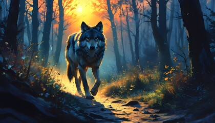 Wall Mural - Majestic wolf navigating a forest path at dusk, embodying the essence of untamed wilderness and raw power, ideal for nature themes and wildlife illustrations