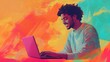 © Berkah - Portrait of happy young man with laptop on color background.