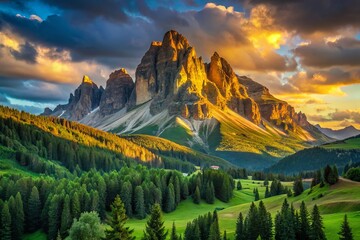 Wall Mural - Sunlit Peaks Tower above the lush, emerald-green valleys, as the golden hour light reveals the hidden details of the mountain's ancient, weathered surfaces