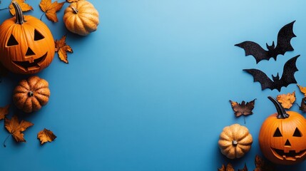 Canvas Print - Halloween decorations on blue background with empty space for text