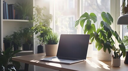 Sticker - Bright Workspace with Plants and Laptop by Window